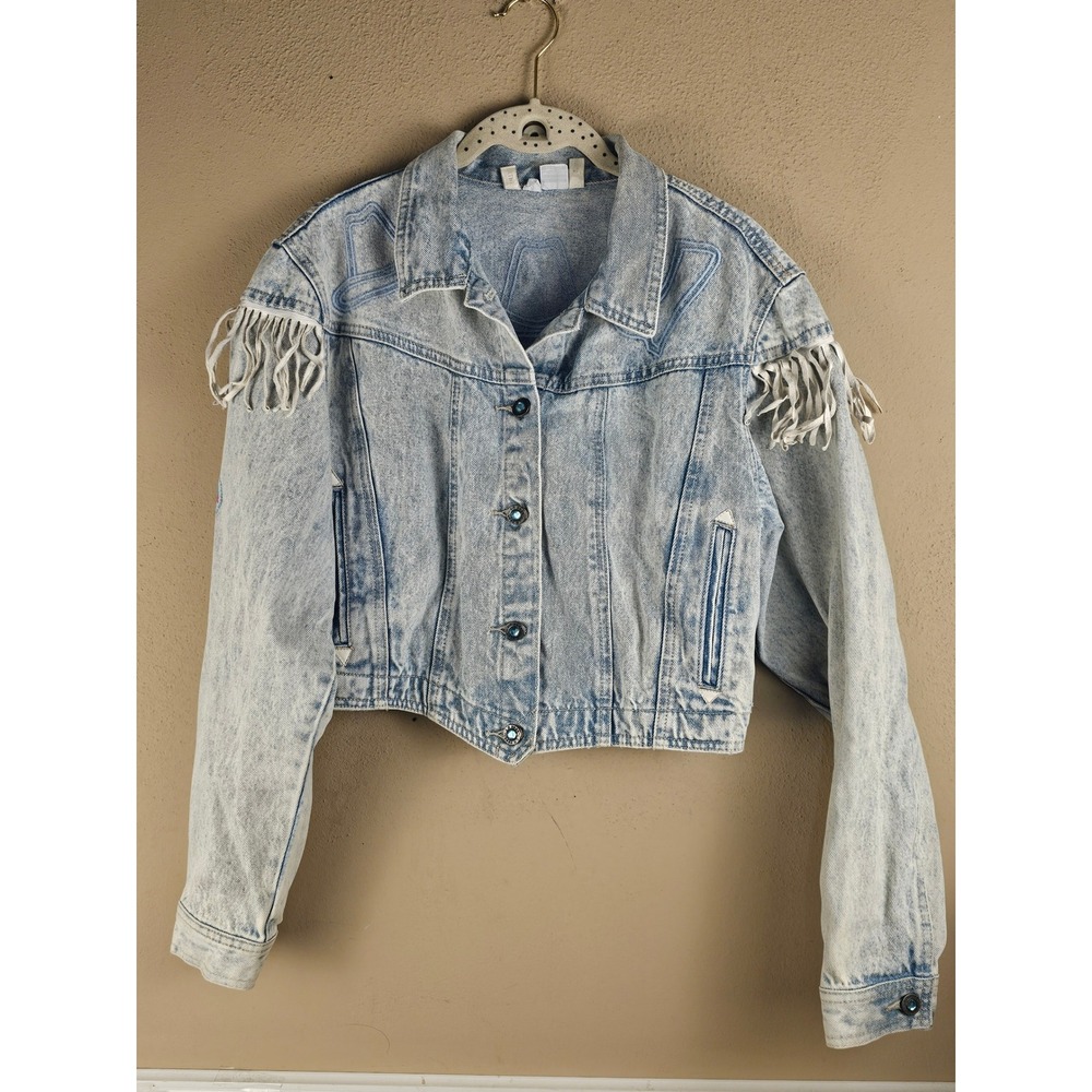 Vintage Womens 80s LA Gear Acid Wash Cropped Fringe Western Denim Jacket Large